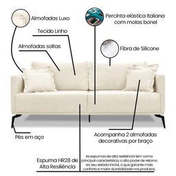 Kit Sofá 200cm 2 Poltronas 80cm Ligia para Sala Linho: Rústico Natural - 7 Kit Sofá 200cm 2 Poltronas 80cm Ligia para Sala Linho: Rústico Natural - 7