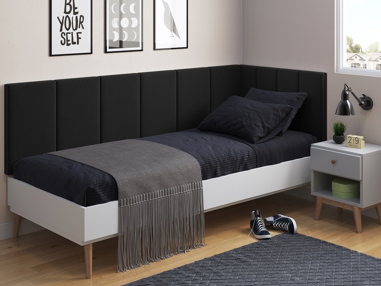 Cabeceira em L para Cama Box Solteiro Proteção Lateral Estofada - Preto Suede