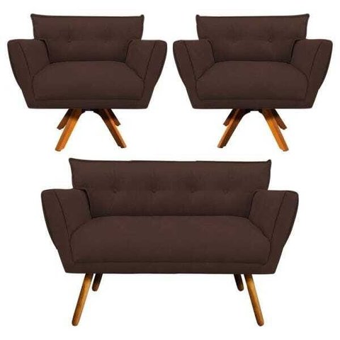 Kit Namoradeira e 02 Poltronas Giratória Anitta Suede - D'Rossi - Marrom