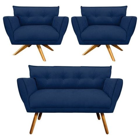 Kit Namoradeira e 02 Poltronas Giratória Anitta Suede - D'Rossi - Azul Marinho