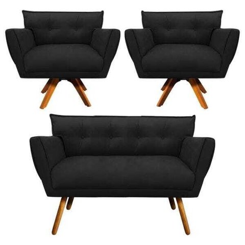 Kit Namoradeira e 02 Poltronas Giratória Anitta Suede - D'Rossi - Preto