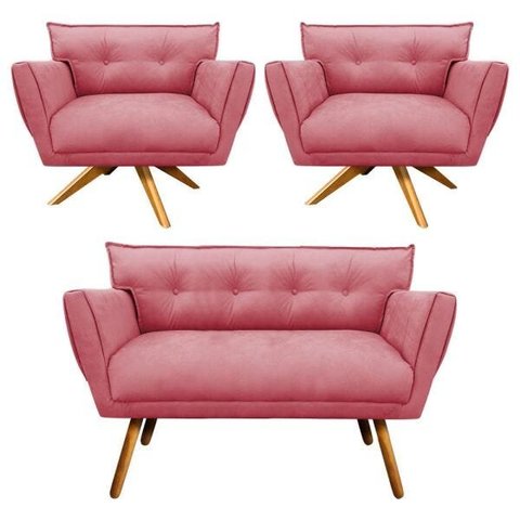 Kit Namoradeira e 02 Poltronas Giratória Anitta Suede - D'Rossi - Rose