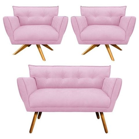 Kit Namoradeira e 02 Poltronas Giratória Anitta Suede - D'Rossi - Rosa Bebê