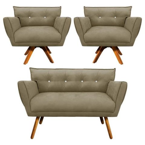 Kit Namoradeira e 02 Poltronas Giratória Anitta Suede com Strass - D'Rossi - Marrom Rato