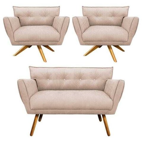 Kit Namoradeira e 02 Poltronas Giratória Anitta Suede com Strass - D'Rossi - Bege
