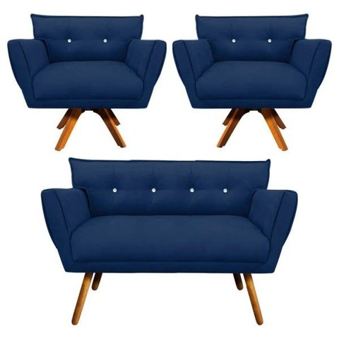Kit Namoradeira e 02 Poltronas Giratória Anitta Suede com Strass - D'Rossi - Azul Marinho