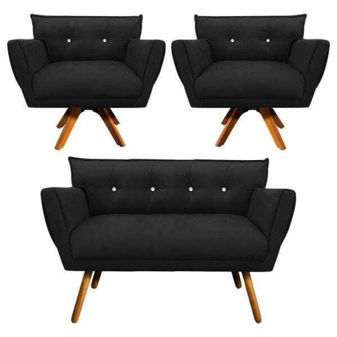 Kit Namoradeira e 02 Poltronas Giratória Anitta Suede com Strass - D'Rossi - Preto