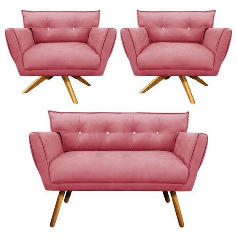 Kit Namoradeira e 02 Poltronas Giratória Anitta Suede com Strass - D'Rossi - Rose