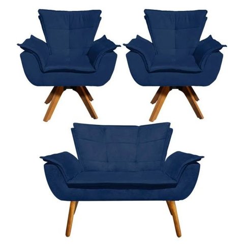 Kit Namoradeira e 02 Poltrona Giratória Opala Suede Base de Madeira - D'Rossi - Azul Marinho