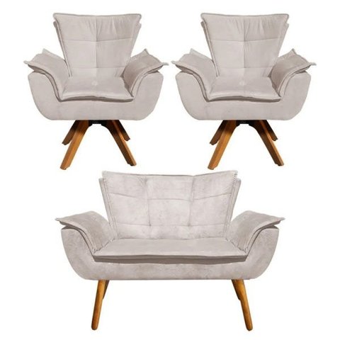 Kit Namoradeira e 02 Poltrona Giratória Opala Suede Base de Madeira - D'Rossi - Bege