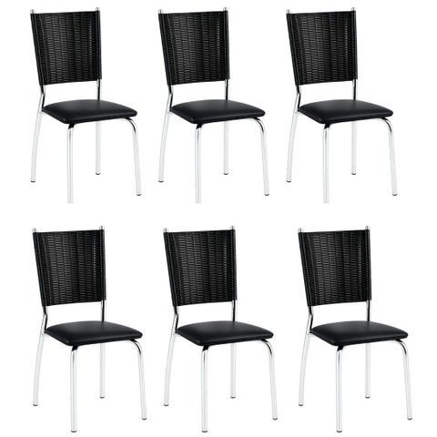 6 Cadeiras Duda Cromada Junco Sintético Preto Assento Preto para Cozinha Sala de Jantar e Restaurant