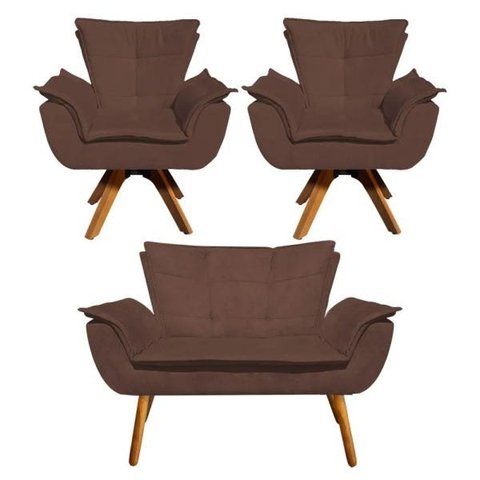Kit Namoradeira e 02 Poltrona Giratória Opala Suede Base de Madeira - D'Rossi - Marrom