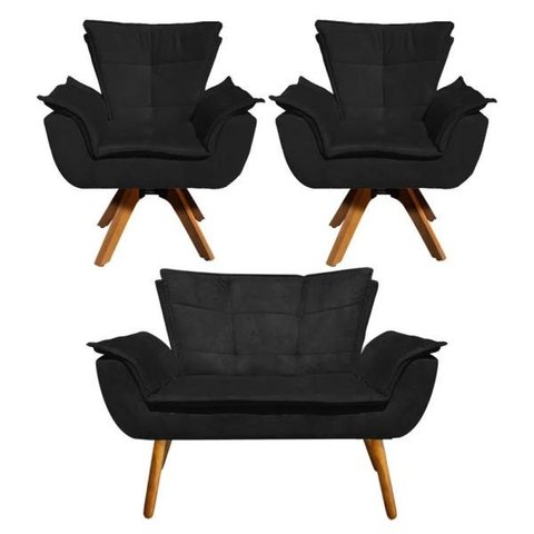 Kit Namoradeira e 02 Poltrona Giratória Opala Suede Base de Madeira - D'Rossi - Preto
