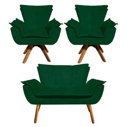 Kit Namoradeira e 02 Poltrona Giratória Opala Suede Base de Madeira - D'Rossi - Verde