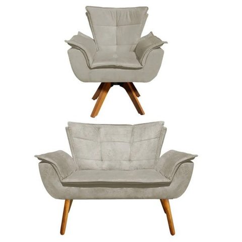 Kit Namoradeira e 01 Poltrona Giratória Opala Suede Base de Madeira - D'Rossi - Marrom Rato