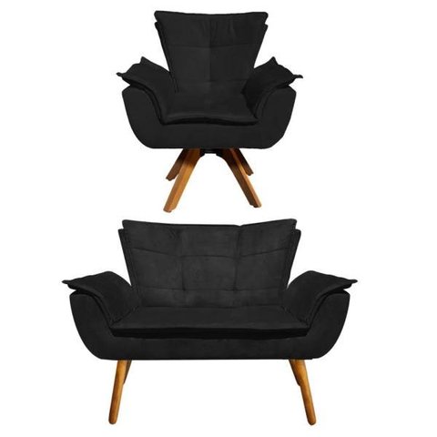 Kit Namoradeira e 01 Poltrona Giratória Opala Suede Base de Madeira - D'Rossi - Preto