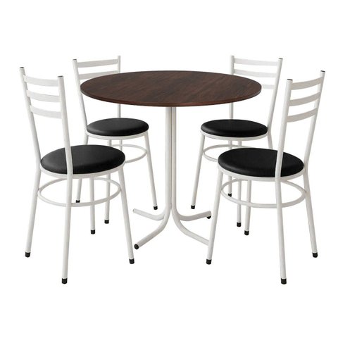 Mesa de Jantar Redonda 80cm Imbuia com 4 Cadeiras Estofada Branca