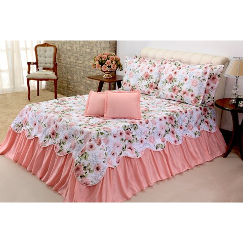 Kit 5 Pçs Cobre Leito Colcha Casal Queen Belize com Babados: Buquê Rosa