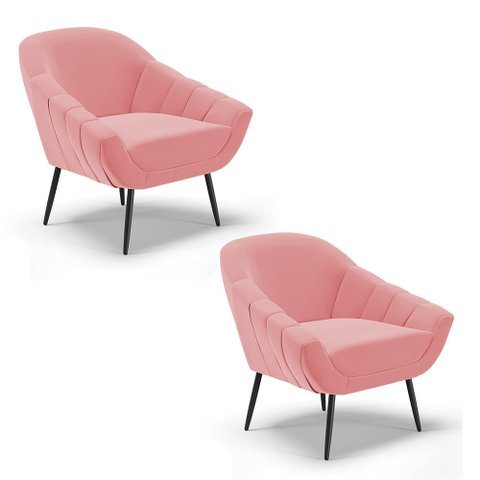 Kit 2 Poltronas Giovana Suede Pés Palito Ferro - D'Rossi - Rose