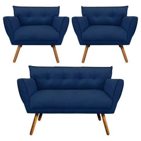Kit Namoradeira e 02 Poltronas Anitta Suede Pés Palito - D'Rossi - Azul Marinho