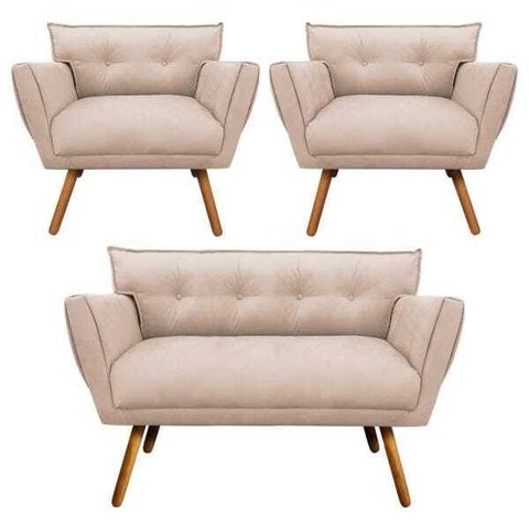Kit Namoradeira e 02 Poltronas Anitta Suede Pés Palito - D'Rossi - Bege
