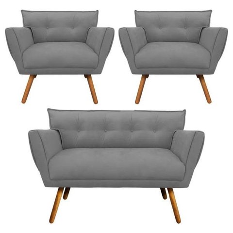 Kit Namoradeira e 02 Poltronas Anitta Suede Pés Palito - D'Rossi - Grafite