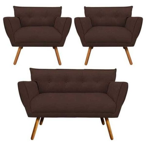 Kit Namoradeira e 02 Poltronas Anitta Suede Pés Palito - D'Rossi - Marrom