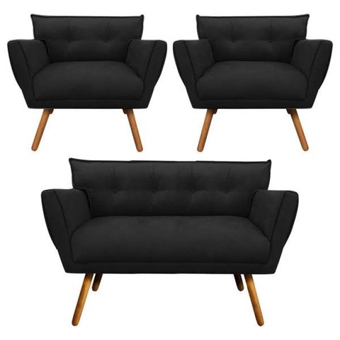 Kit Namoradeira e 02 Poltronas Anitta Suede Pés Palito - D'Rossi - Preto