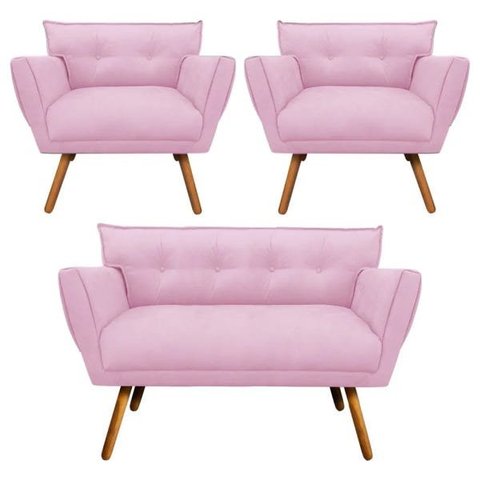 Kit Namoradeira e 02 Poltronas Anitta Suede Pés Palito - D'Rossi - Rosa Bebê