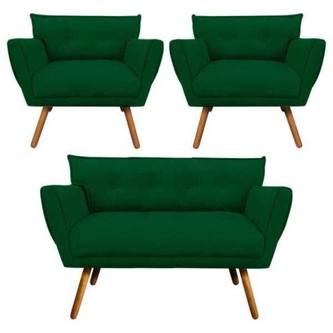 Kit Namoradeira e 02 Poltronas Anitta Suede Pés Palito - D'Rossi - Verde