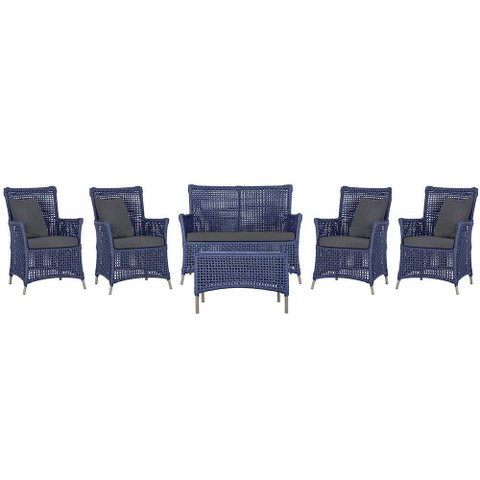Jogo Sofá 4 Poltronas e Mesa Igapó Fendi E11 Trama Original Azul