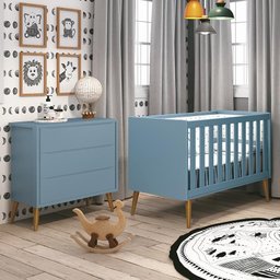 Jogo de Quarto Infantil Theo Retrô Cômoda 3 Gavetas e Berço Azul com Pés Amadeirado - Reller Móveis - 2