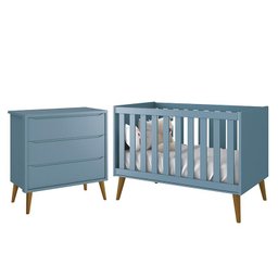 Jogo de Quarto Infantil Theo Retrô Cômoda 3 Gavetas e Berço Azul com Pés Amadeirado - Reller Móveis - 1