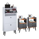 Ver imagem 1 de Kit Sapateira Vertical 3 Gavetas Basculantes Branco e 2 Mesinhas Canto Quarto Nicho Cinza/Cinamomo
