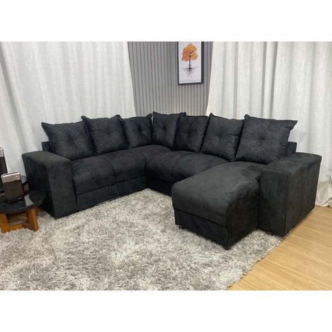 Sofá de Canto C/ Chaise - com 06 Lugares:preto