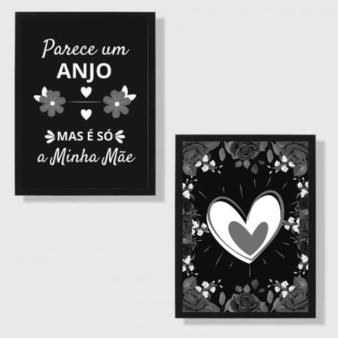 Kit 2 Quadros Decorativos Mãe Anjo 24x18cm - com vidro:Madeira preta