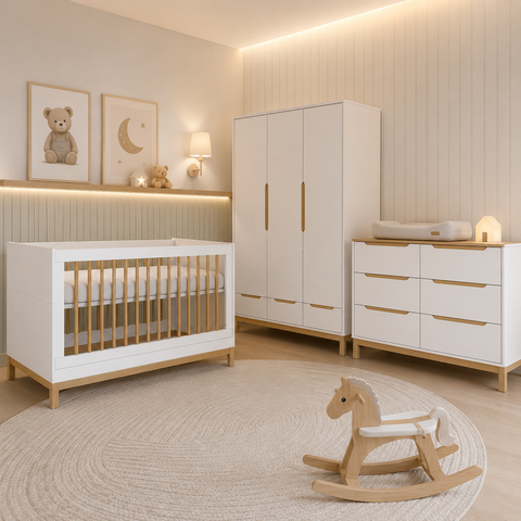Jogo de Quarto para Bebê com Berço + Cômoda + Roupeiro Cozy Branco com Carvalho - Quater