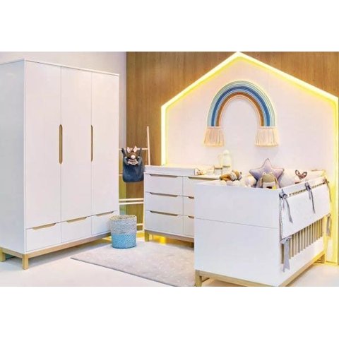 Jogo de Quarto para Bebê com Berço + Cômoda + Roupeiro Cozy Branco com Carvalho - Quater