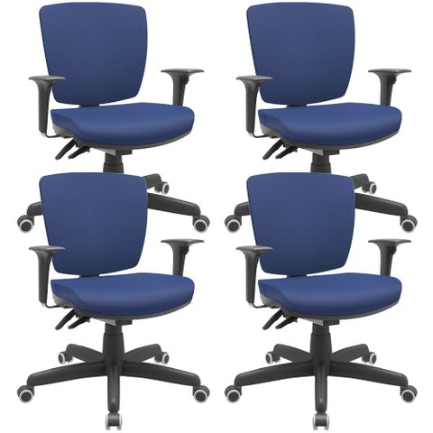 Kit 04 Cadeiras de Escritório Executiva Office Giratória Preto Baixa Flexi P03 Vinil Azul - Lyam Lya