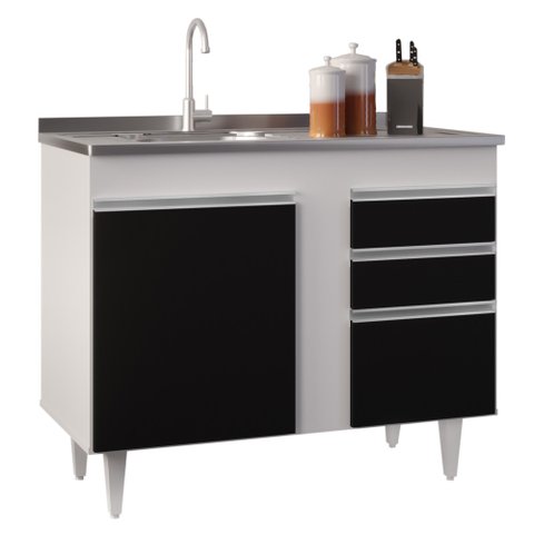Balcão Gabinete 100cm Sem Tampo 3 Portas 2 Gavetas Luziania Branco/Preto - Lumil Móveis