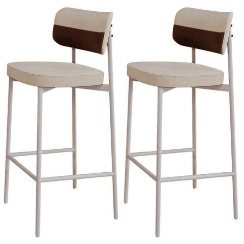 Kit 02 Banquetas Alta Bar Cozinha Sala de Jantar Aço Branco Kaira C01 Linho Areia Courino Whisky -