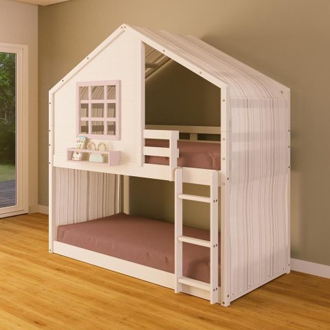 Beliche Montessoriano Casinha com Janela e Cortina Madeira Maciça Branco/Rosa Housin