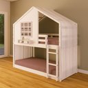 Ver imagem 1 de Beliche Montessoriano Casinha com Janela e Cortina Madeira Maciça Branco/Rosa Housin