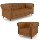 Ver imagem 2 de Conjunto Sala de Estar 1 Sofá Living 200cm e 1 Poltrona Stanford Chesterfield Pés Madeira Couro Mel