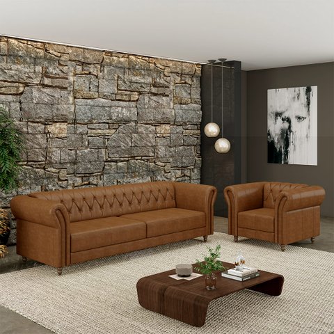 Conjunto Sala de Estar 1 Sofá Living 200cm e 1 Poltrona Stanford Chesterfield Pés Madeira Couro Mel 