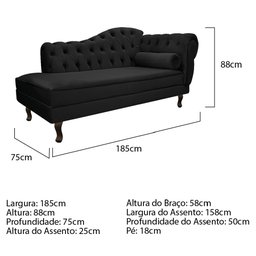 Divã Recamier Namoradeira Juliana 1,85M Lado Esquerdo Suede Preto Capitonê Luis XV Escritório Sala - 3