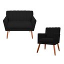 Ver imagem 1 de Kit Namoradeira + 1 Poltrona Decorativa Cecília Suede Preto Pés Madeira Ms Decor