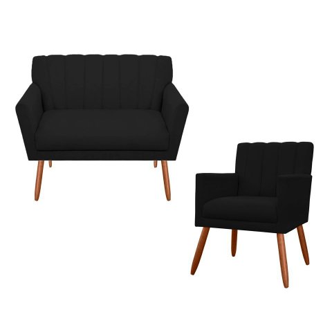 Kit Namoradeira + 1 Poltrona Decorativa Cecília Suede Preto Pés Madeira Ms Decor