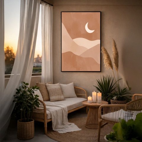 Quadro Canvas Bege Desenho Lua 40x30cm Mold Preta