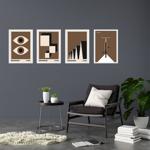 Kit 4 Quadros Artes Bauhaus Marrom e Preto 24x18cm - com Vidro:moldura Preta